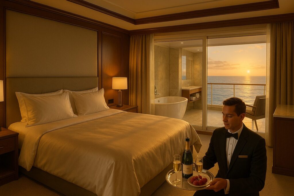 Butler serving champagne in a luxury cruise suite at sunset