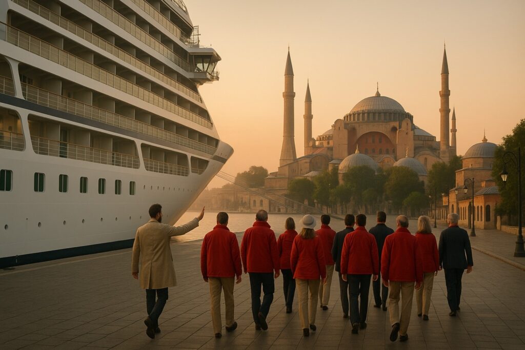 Cruise guests walking toward Hagia Sophia at sunrise