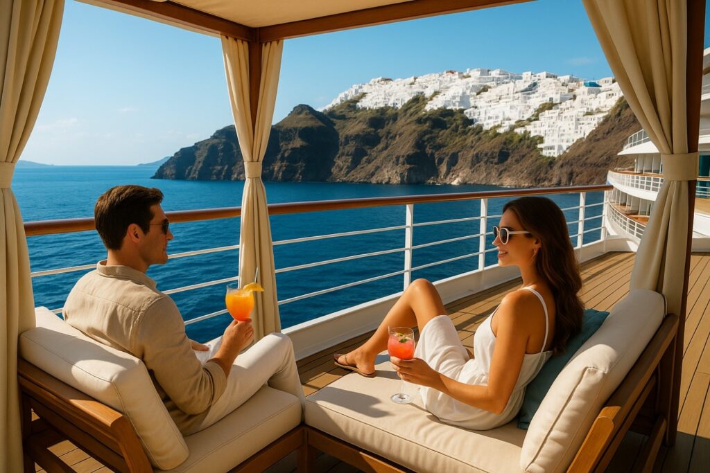 Couple enjoying drinks on a cruise deck with Santorini view