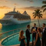 Elegant group toasting champagne by a poolside as a premium cruise line ship sails at sunset